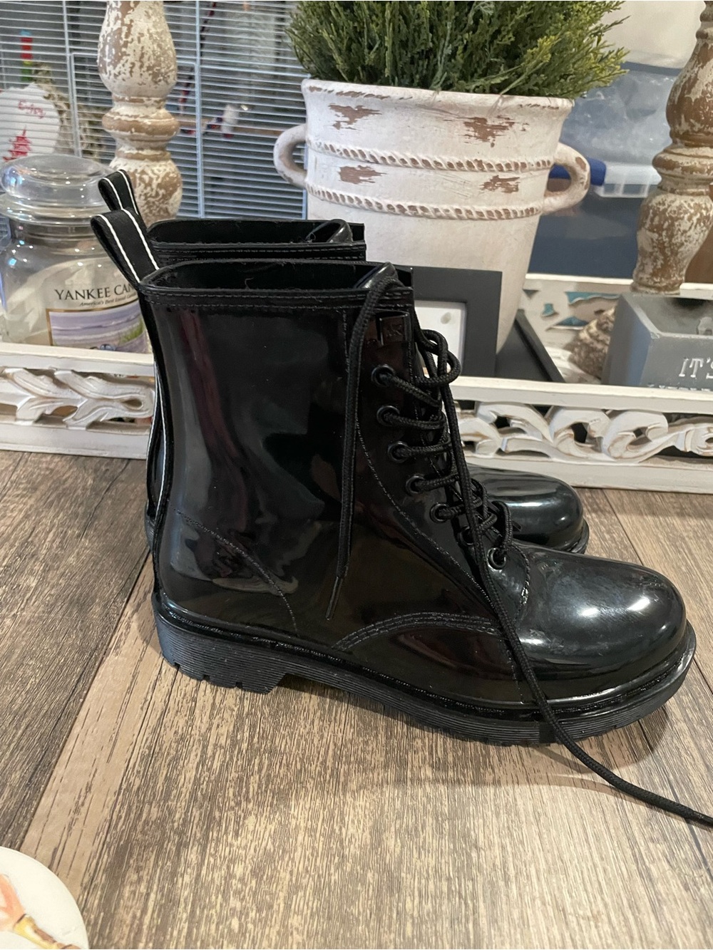 MICHAEL Michael Kors Black Patent Combat Boots